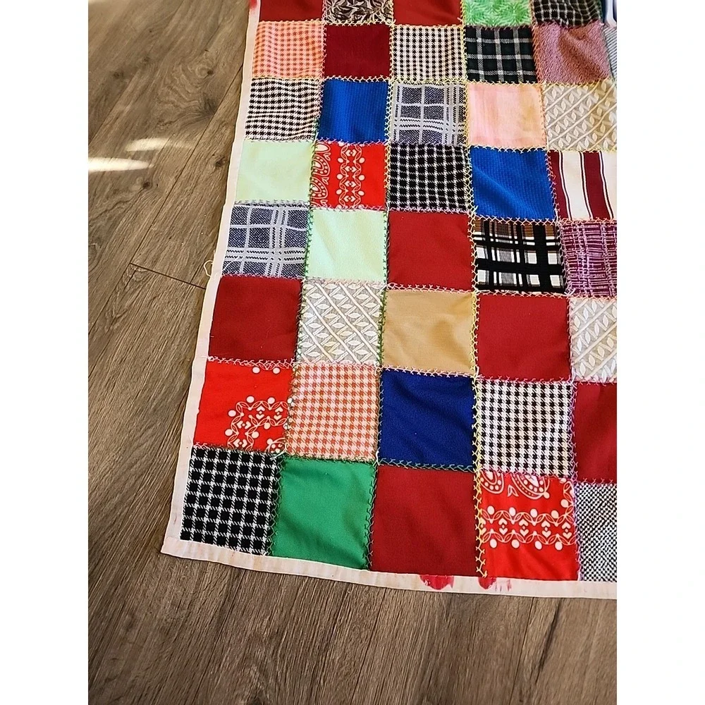 Vtg 60s 70s Patchwork squares Quilt Handmade Colorful Blanket 90
